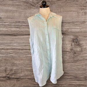 Chico's Turquoise NO Iron Striped LINEN Sleeveless Blouse Sz 3 (L) Buttons